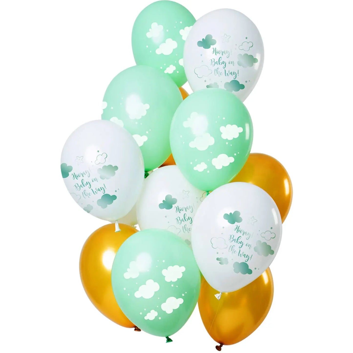 Balloons 'Hooray, Baby on the way!' Green-Gold 33cm - 12 pieces Folat