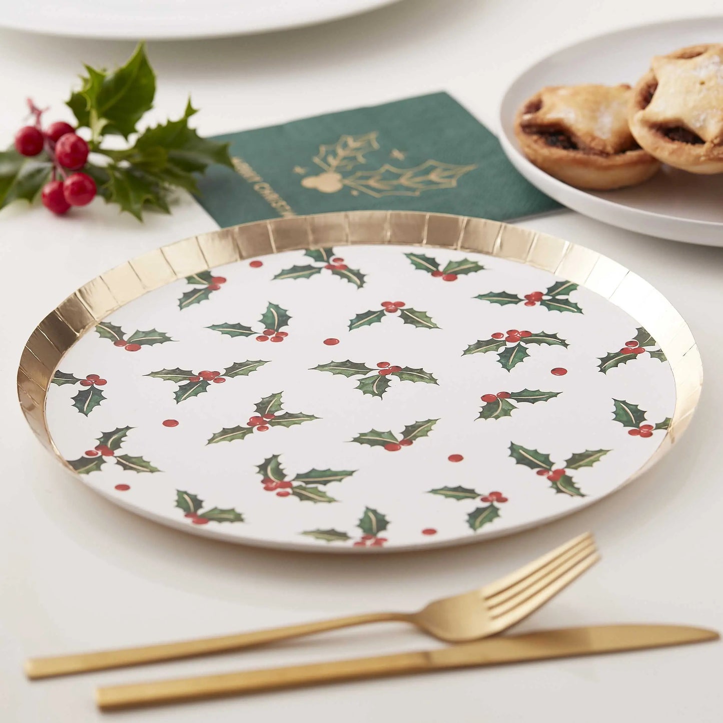 Christmas Holly Leaf Paper Party Plates Ginger Ray