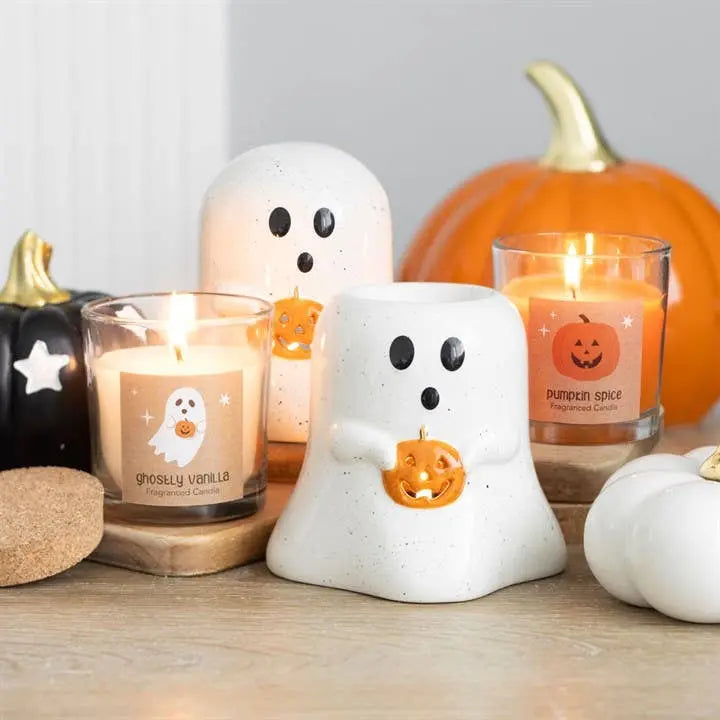 Ghost Shaped Halloween Tealight Candle Holder with Pumpkin Something Different Wholesale