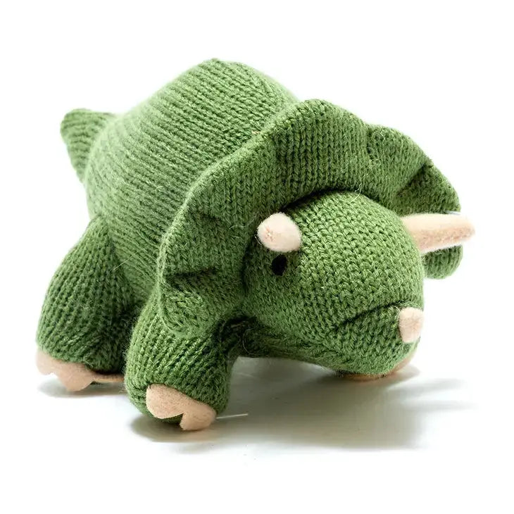 Knitted Moss Green Triceratops Dinosaur Baby Rattle Best Years