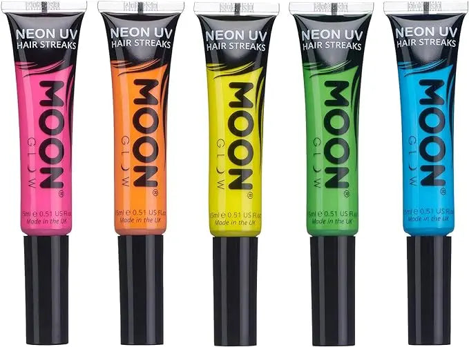 Moon Glow - Neon UV Hair Color Streaks 15ml - Hair Mascara - Temporary wash out hair colour dye - Glows brightly under UV Lighting! (Set of 5) Goodmark