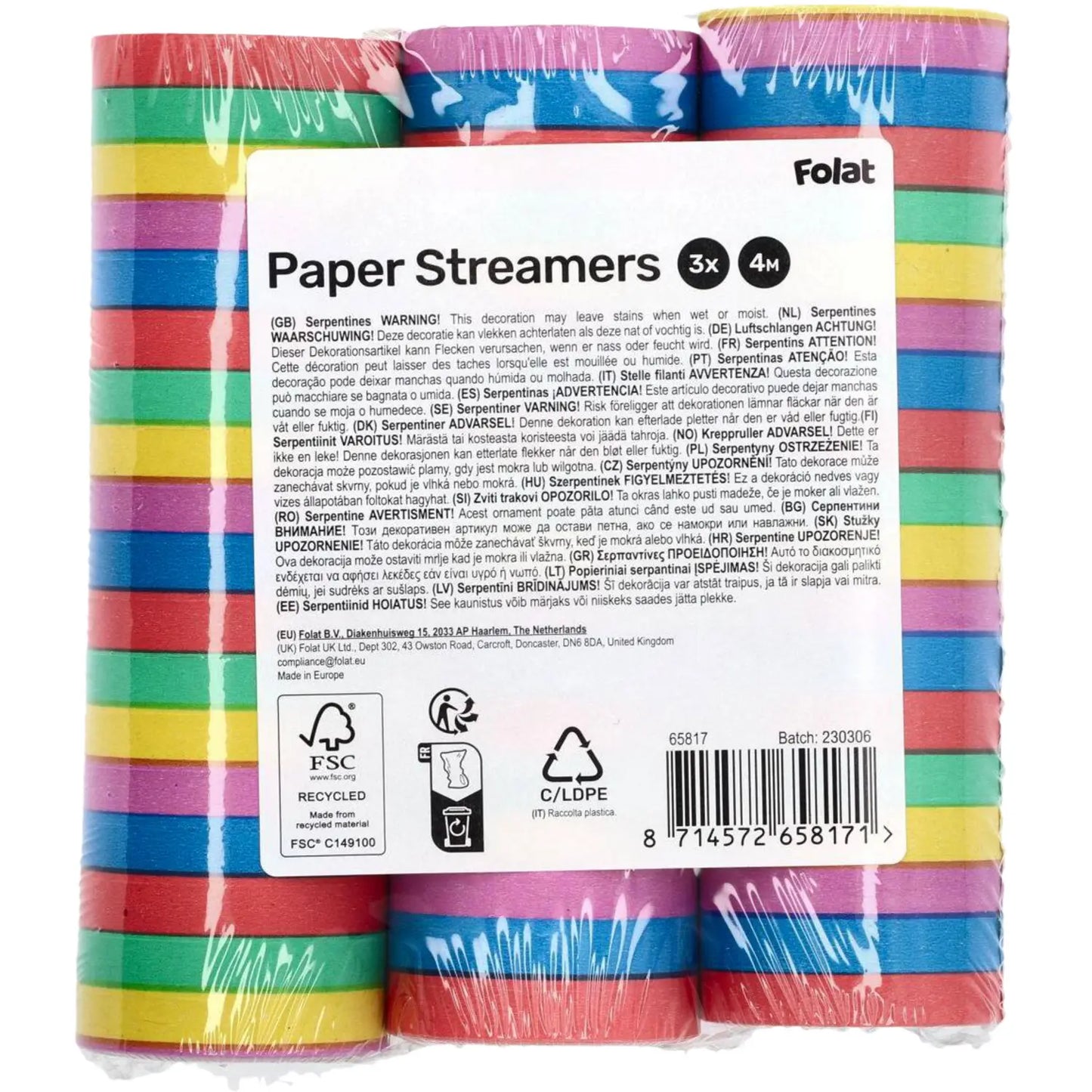 Paper streamers - Multicolour - 4 meters - 3 pieces Folat