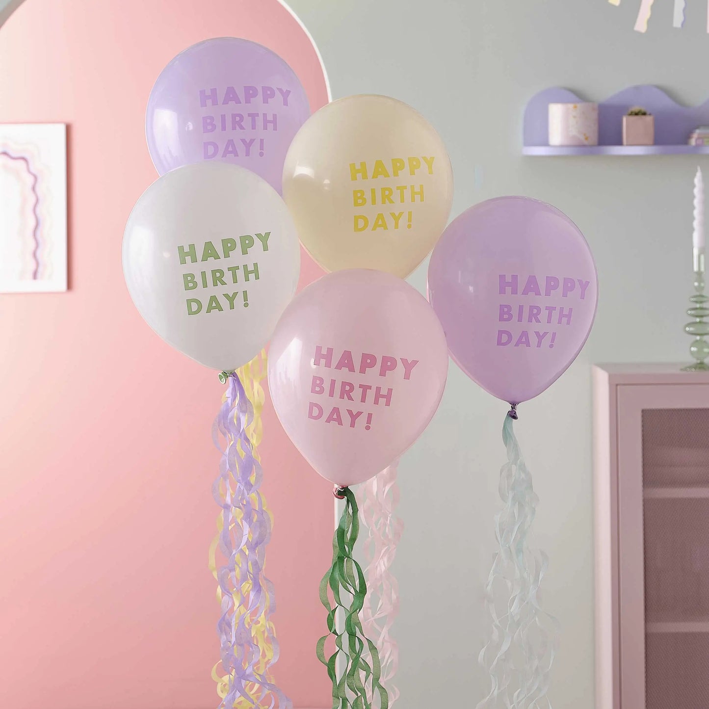 Pastel Happy Birthday Balloon Bundle with Tissue Paper Tails Ginger Ray