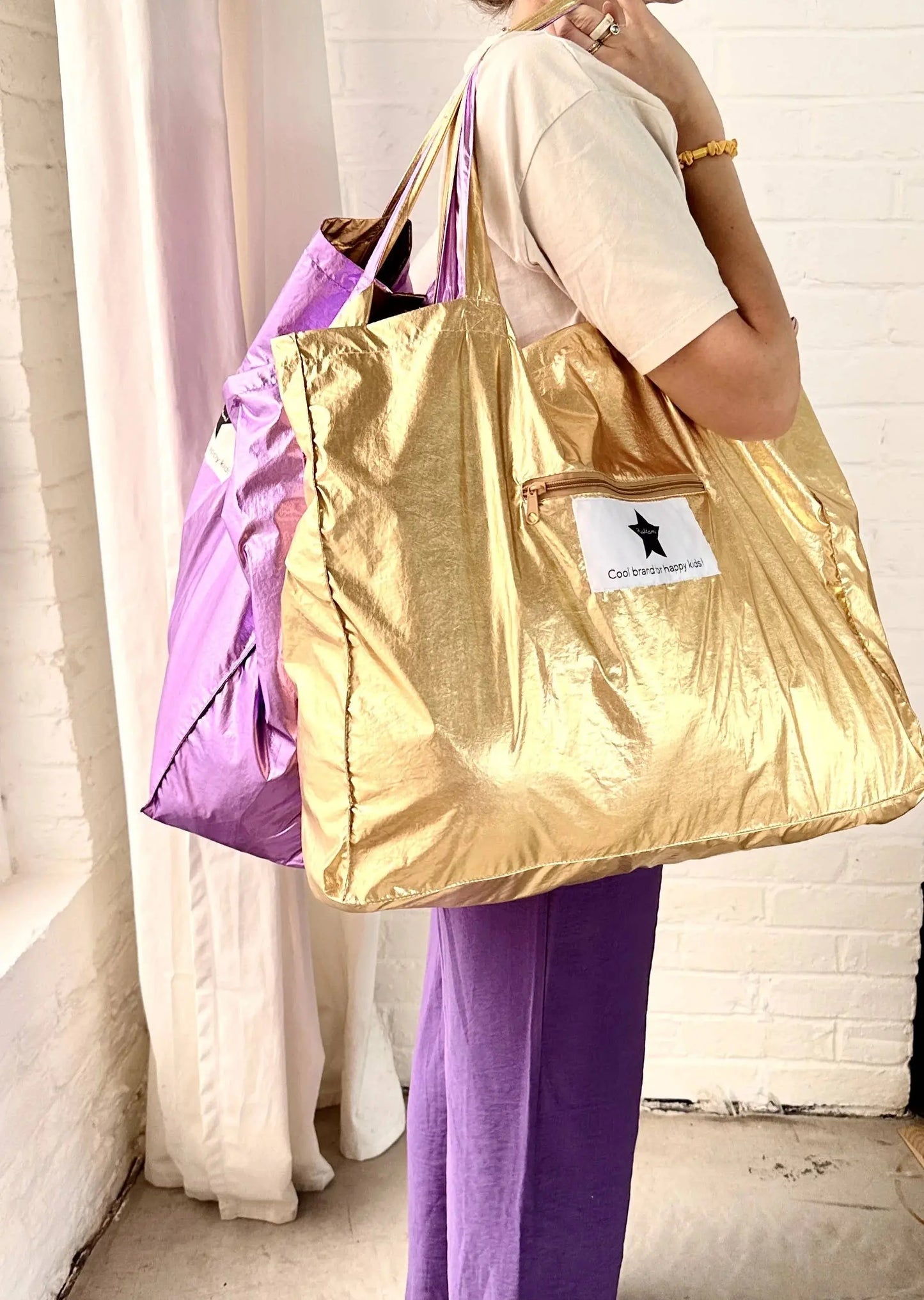 Ratatam! - Large Metallic Shiny Tote Bag - Purple & Gold Ratatam