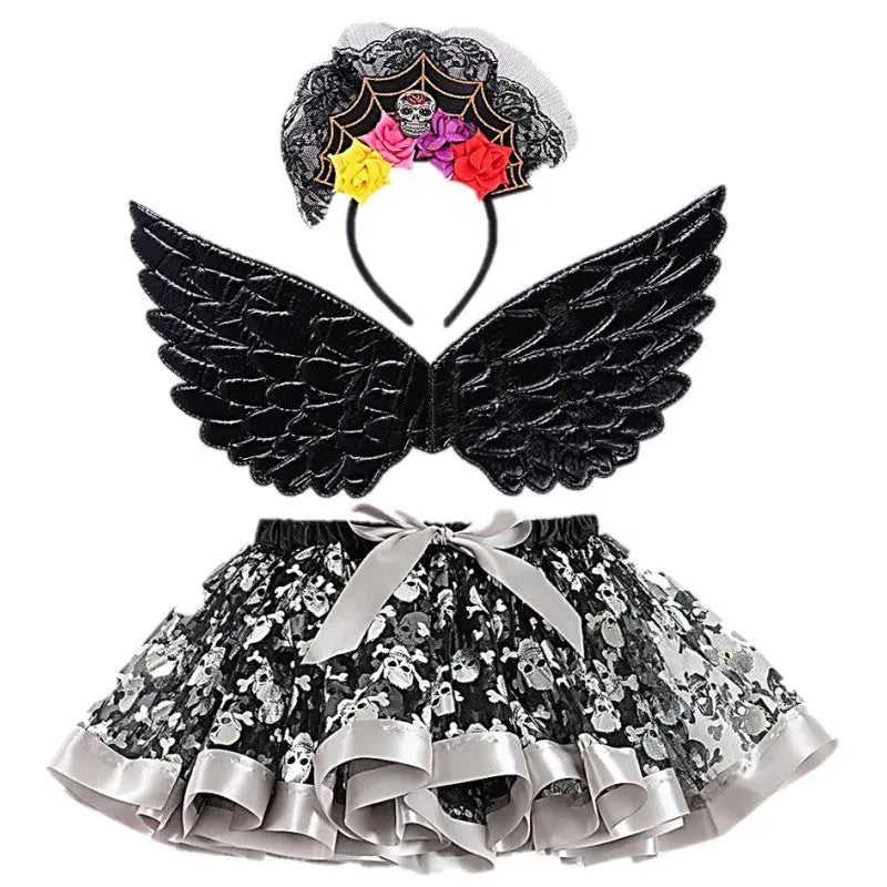 Set 3 pieces tutu+wings+tiara DAY OF THE DEAD Cotillons D Alsace