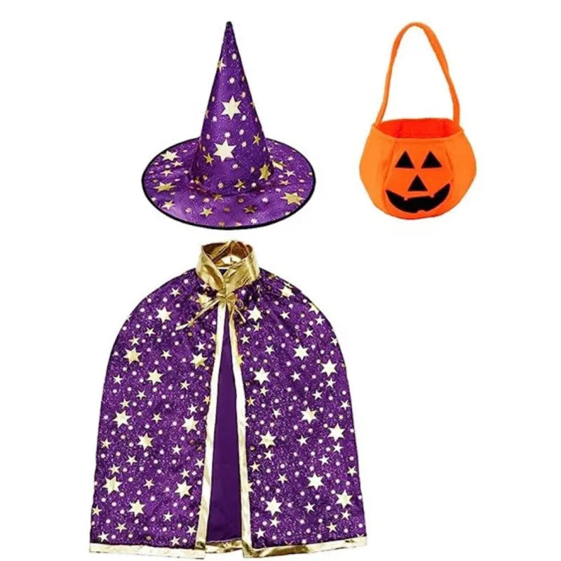 Set 3 pieces witch 3 Cape 80cm +hat 34cm + bag 28cm Orange OR Purple Cotillons D Alsace