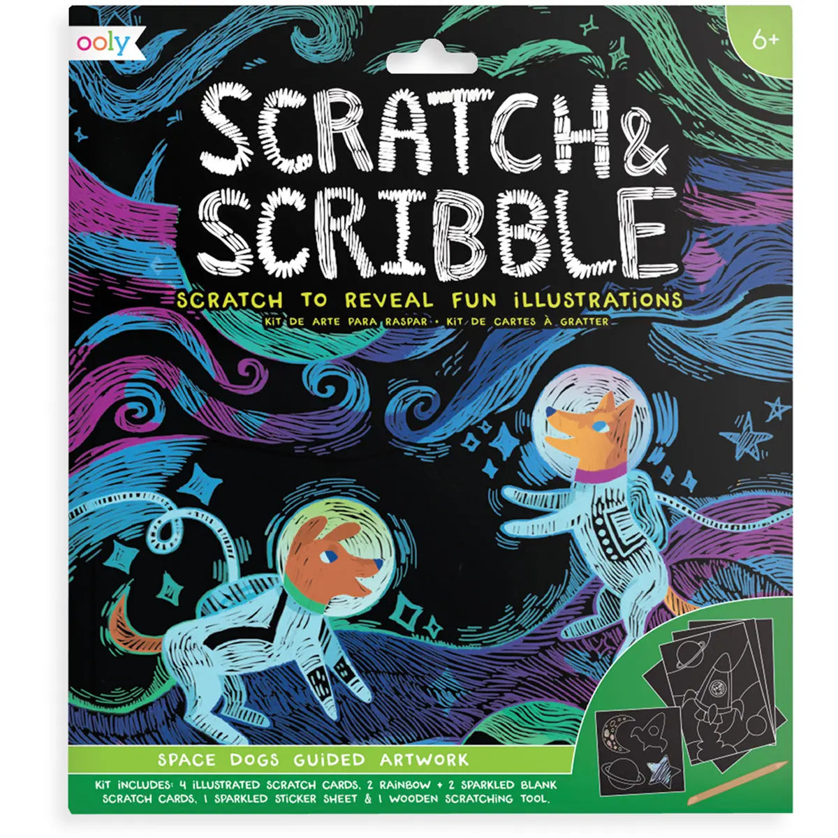 Space Dogs Guided Artwork Scratch and Scribble Scratch Art Kit OOLY
