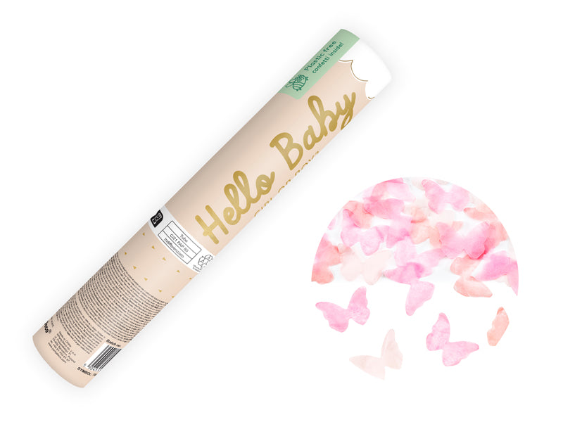 Confetti cannon with Hello Baby butterflies, 20 cm, pink (TUKRM20-081J)