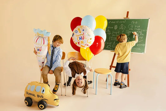 Foil balloon school cone Hurra Schulkind, 34.5x99 cm, cream