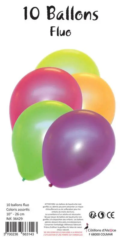 10 Ballons latex FLUO 10'' 26 cm cotillons Alsace