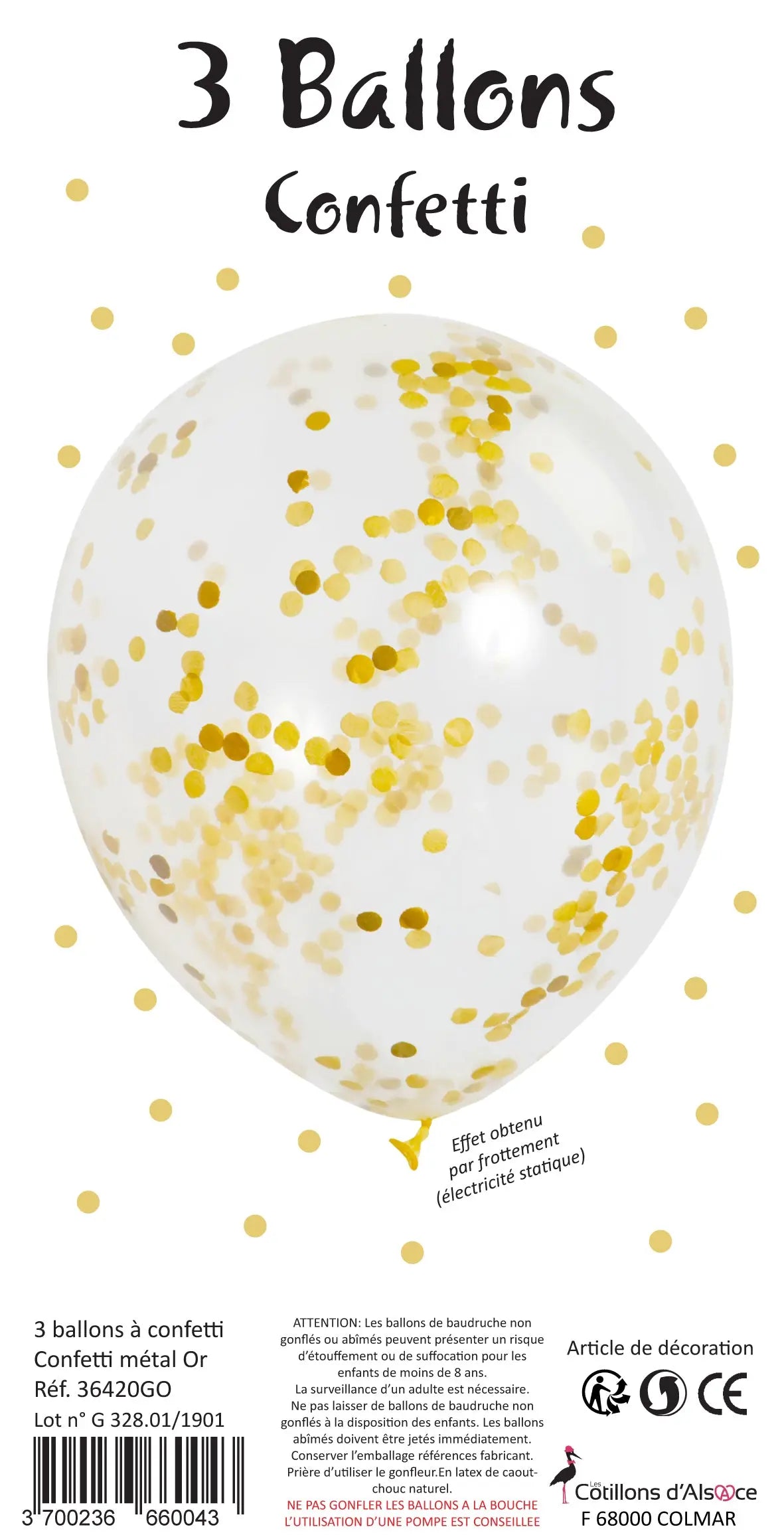 3 Ballons transparents CONFETTIS FOIL OR cotillons Alsace