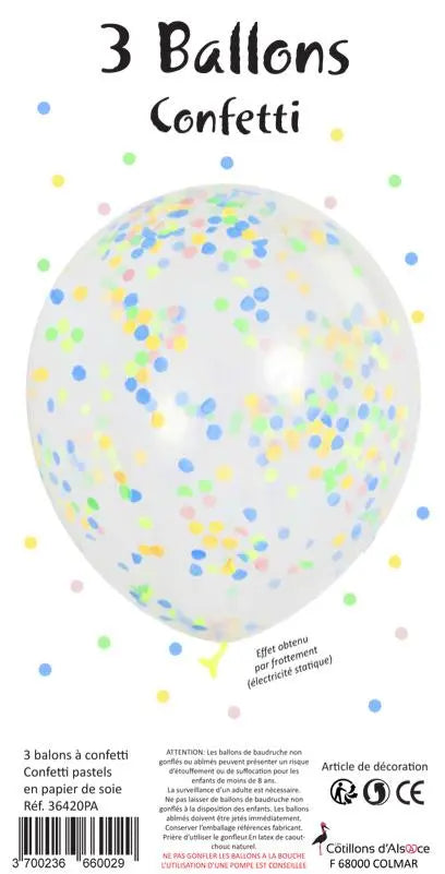 3 Ballons transparents confettis PASTEL cotillons Alsace