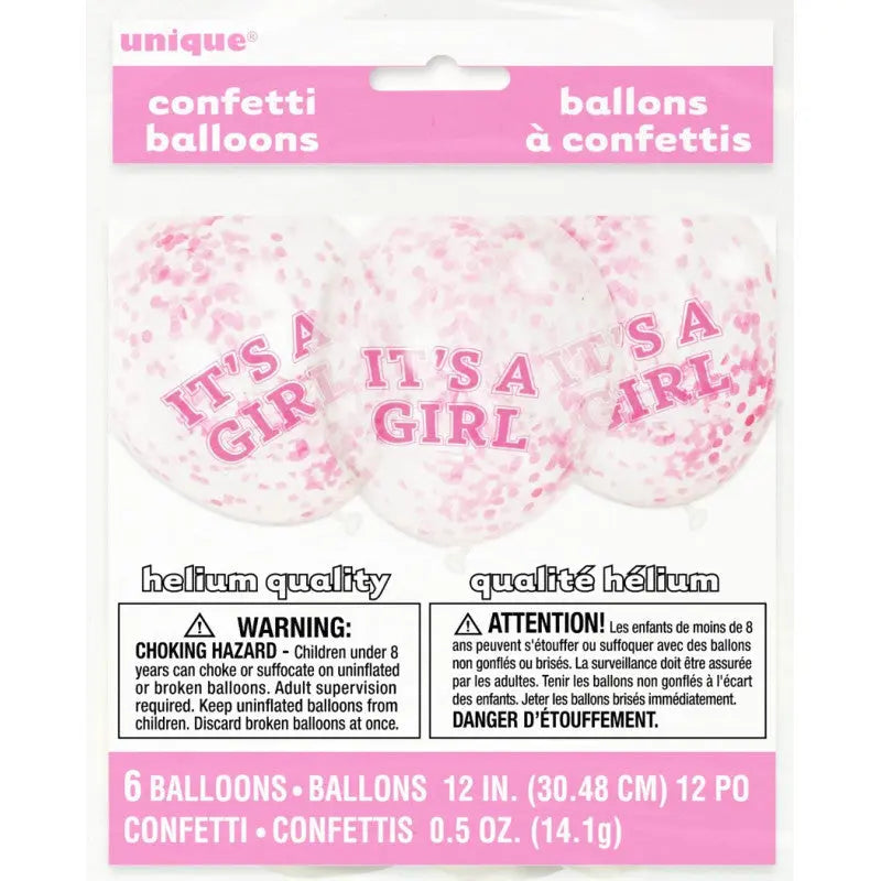 6 transparent balloons 30 cm with conffetis - It's a girl pink cotillons Alsace