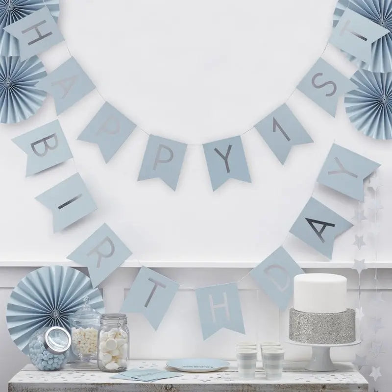 BLUE AND SILVER FOIL HAPPY BIRTHDAY BANNER Ginger Ray