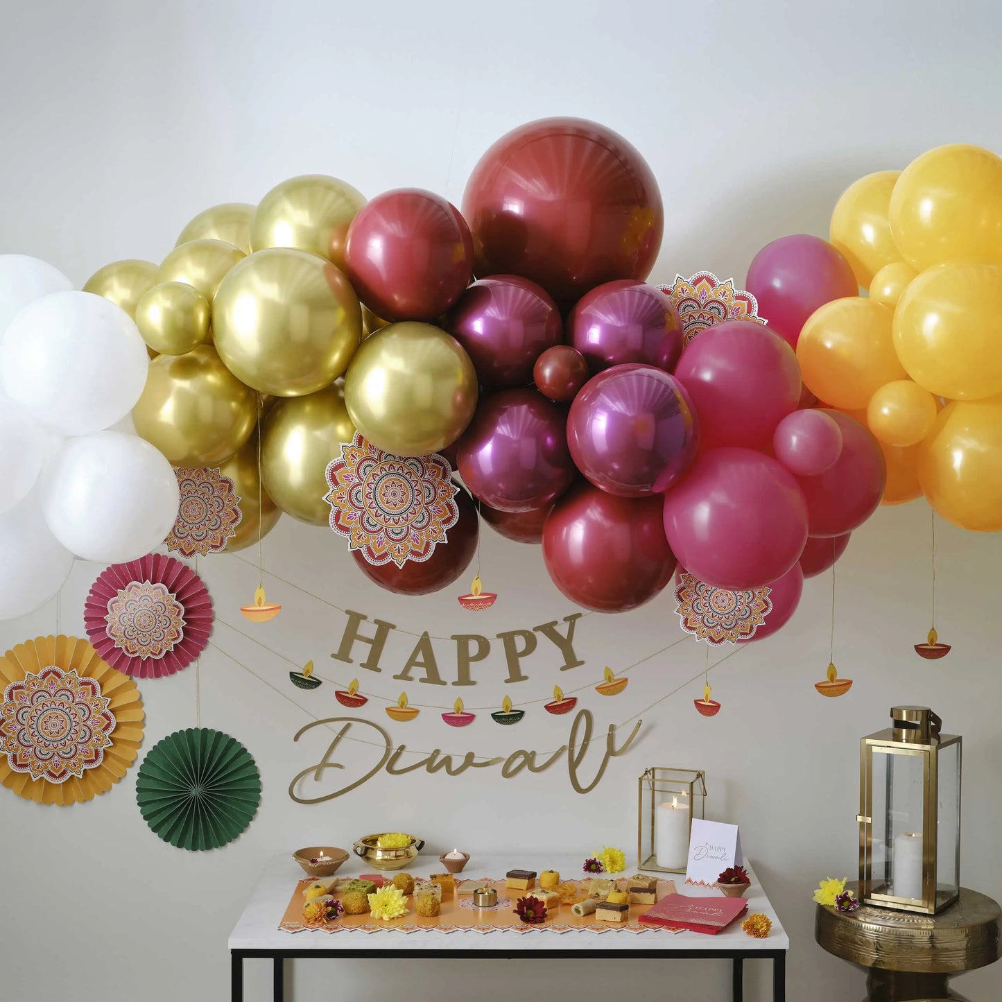 Diwali Balloon Arch Kit with Fans and Tealight Card Decorations Ginger Ray