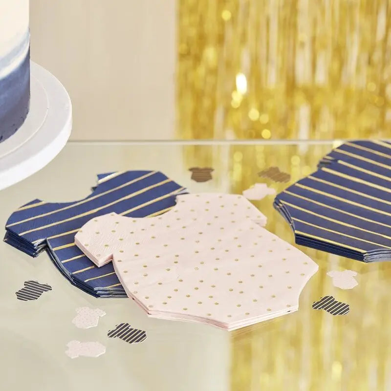 Gold Foiled Pink And Navy Baby Grow Gender Reveal Party Napkins GingerRay