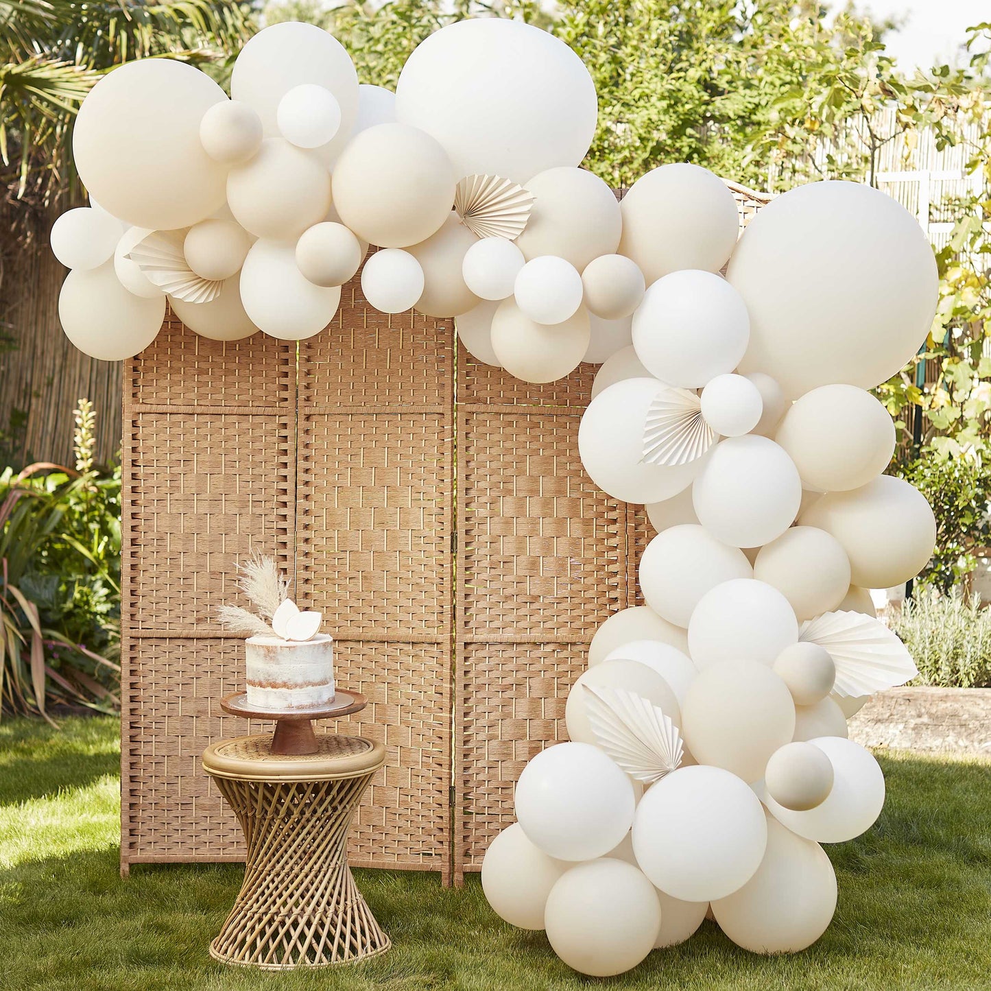 Nude & White Balloon Arch with Paper Fans Ginger Ray