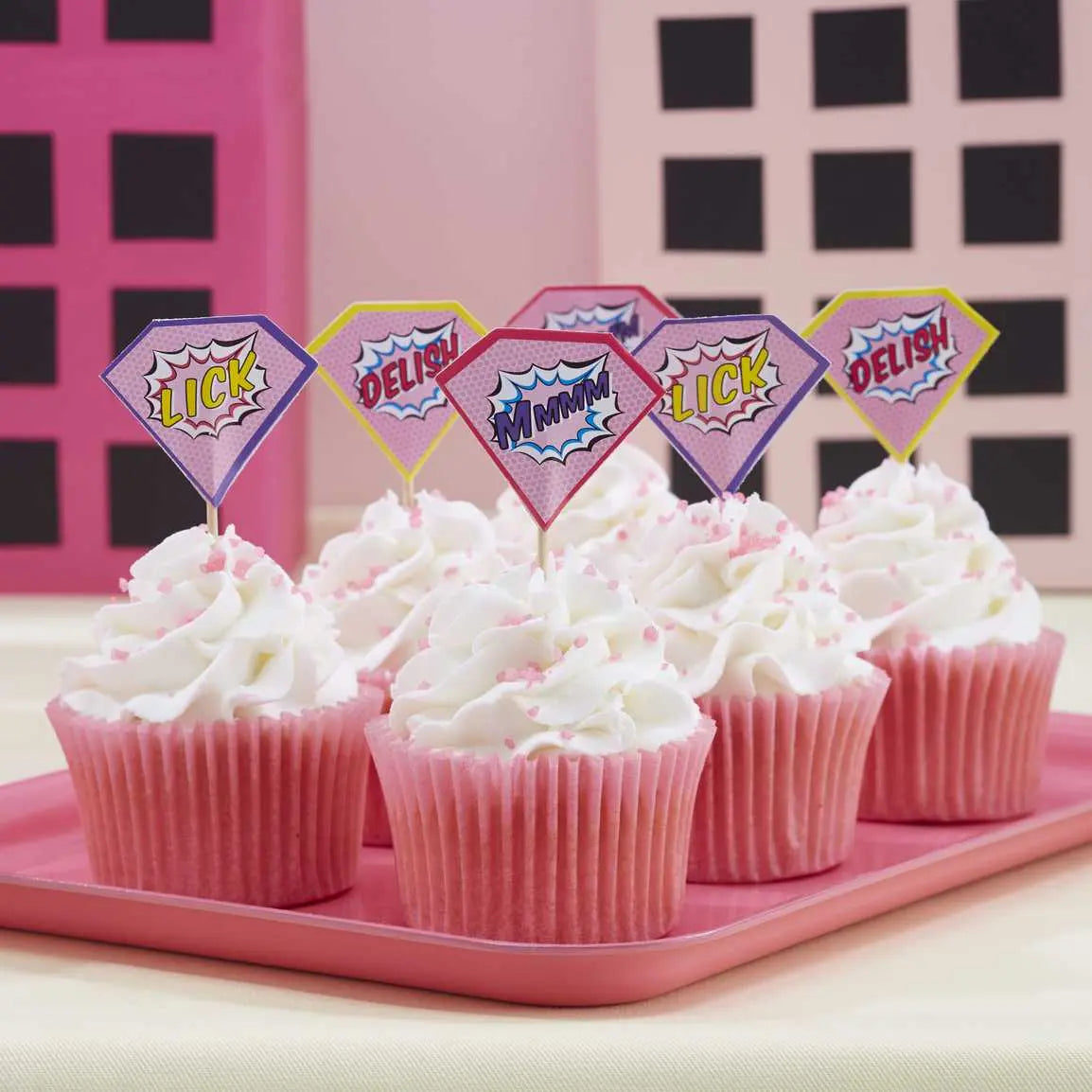 Pink Superhero Cupcake Sticks - Pop Art Superhero Party Ginger Ray