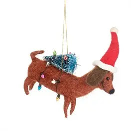 Sausage Dog With Tree Felt Decoration SASS AND BELLE