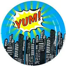 Yum Paper Plates - Pop Art Superhero Party Blue GingerRay