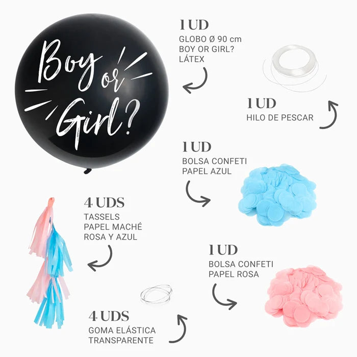 Jumbo Latex XXL Gender Reveal Balloon "Boy or Girl" with Tassel