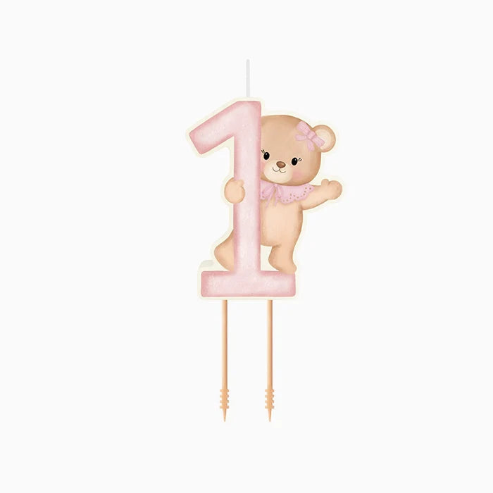 Number 1 Baby Pink Bear Candle