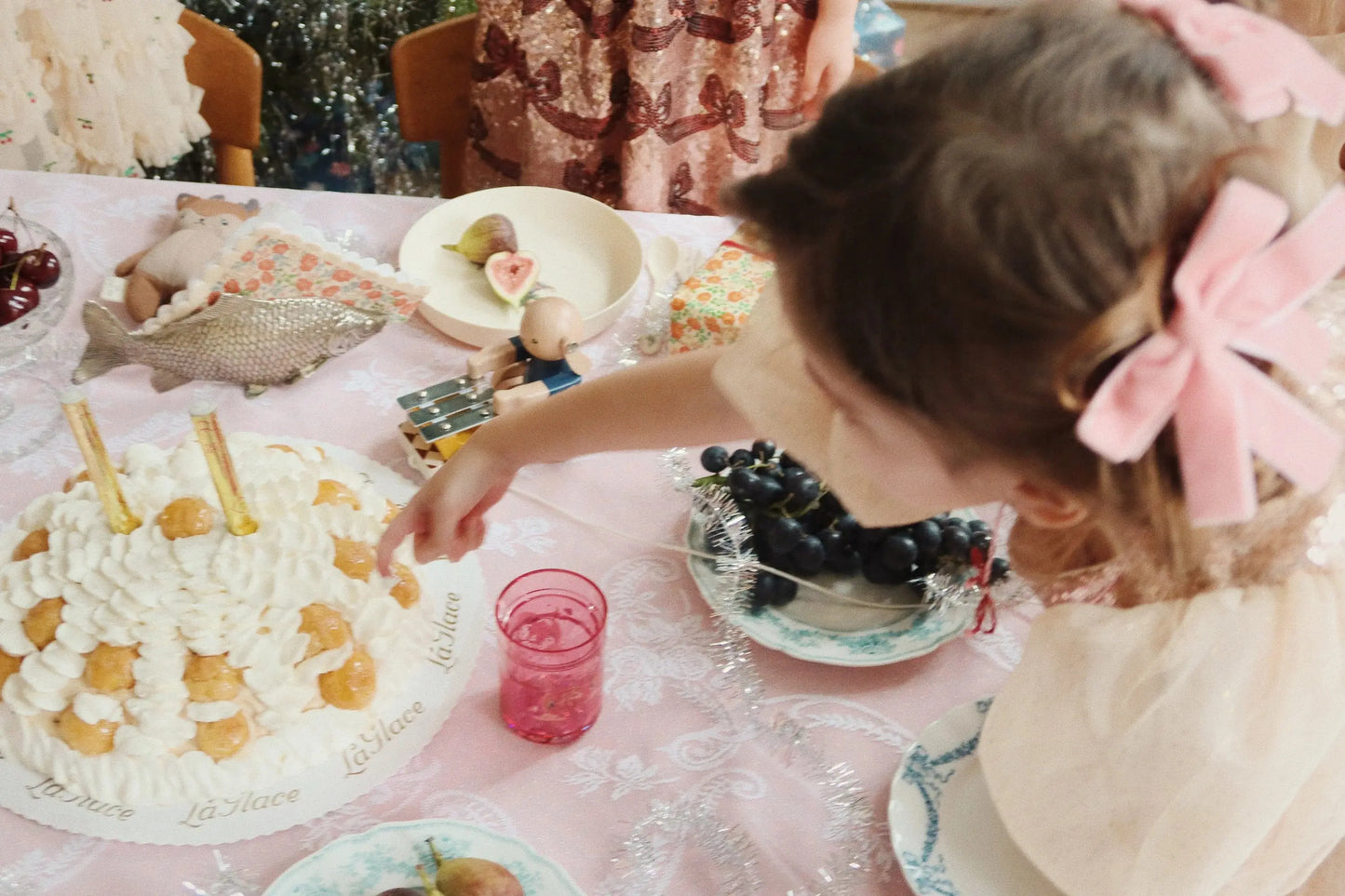 2 PACK VELVET DOUBLE BOW HAIR CLIPS - peony pink Konges Slojd