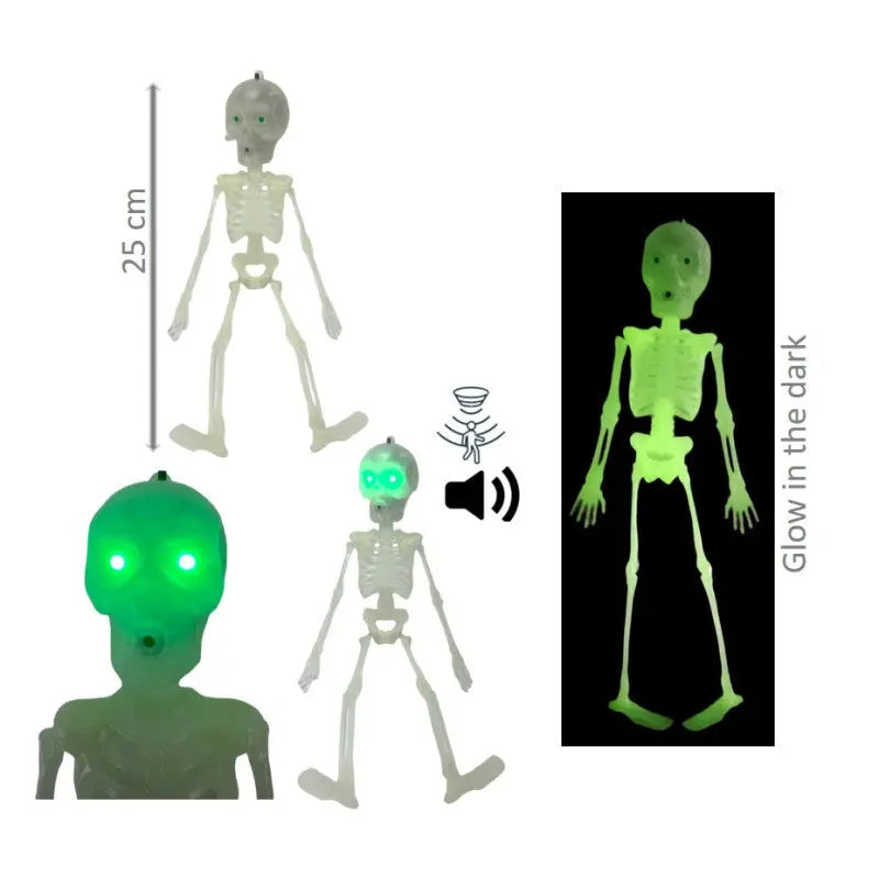 25 cm plastic skeleton luminescent with sound and LED lights. To hang. Cotillons D Alsace