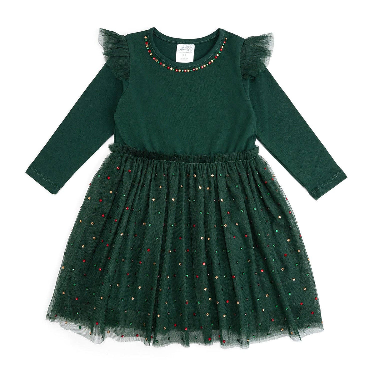 Sweet Wink - Emerald Rhinestone Christmas Long Sleeve Tutu Dress - Kids: 2T