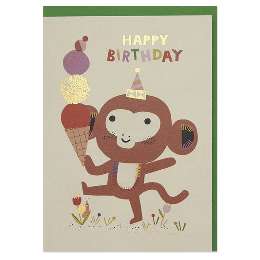 Birthday Monkey and Ice Cream Birthday Card Raspberry Blossom