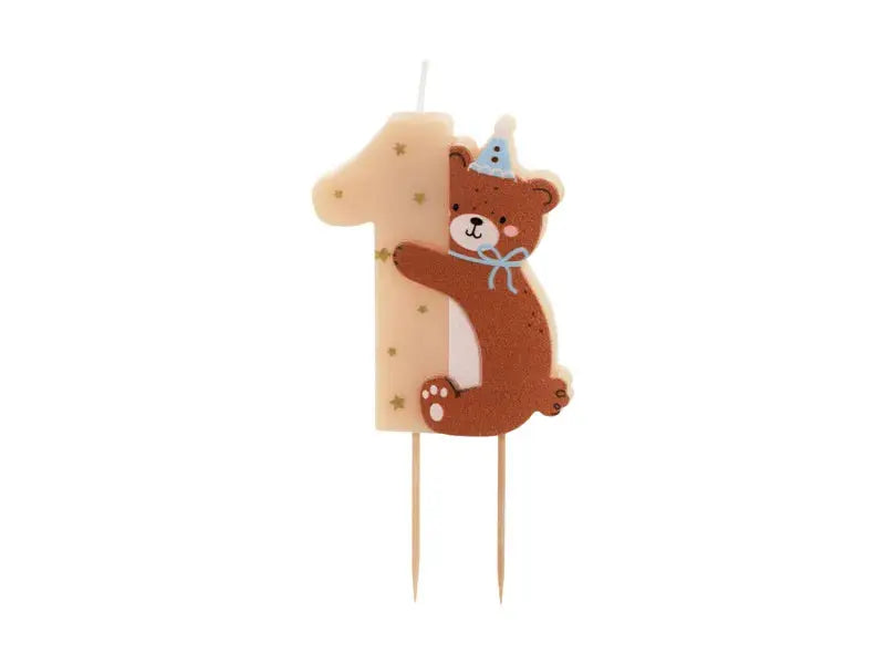 Birthday candle Number 1 with Teddy bear, mix, 7 cm Partydeco