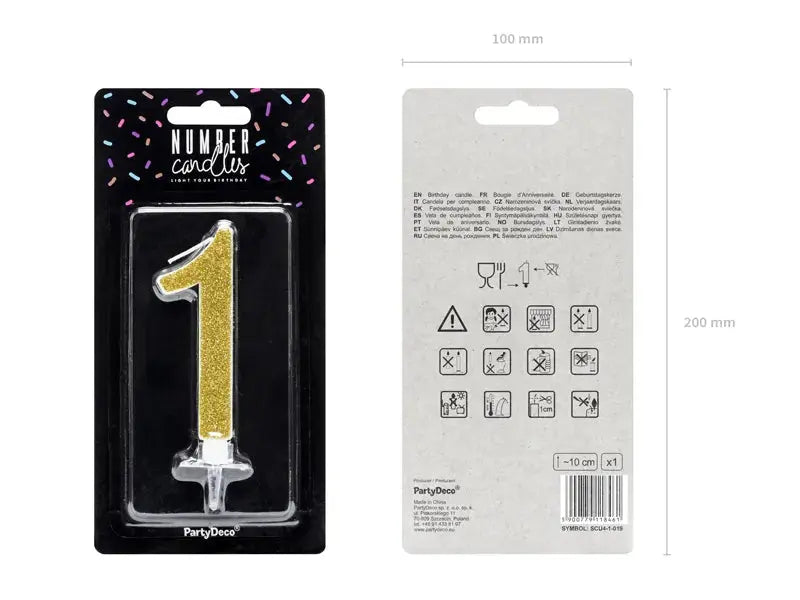 Birthday candle Number 1, gold, 10cm Partydeco
