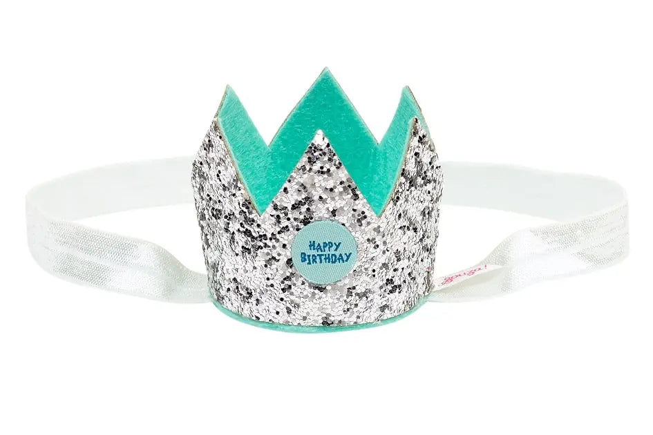 Birthday crown silver - on elastic hair band - giftbox souza