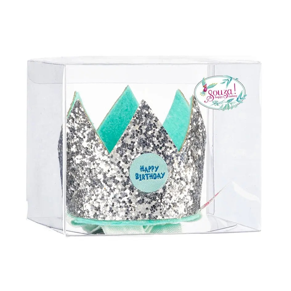 Birthday crown silver - on elastic hair band - giftbox souza