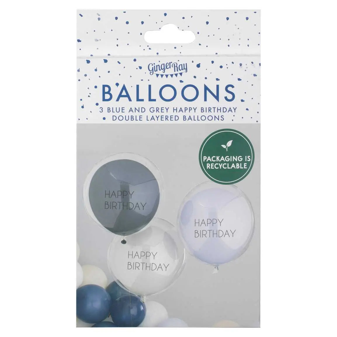 Blue & Grey Double Layered Happy Birthday Balloon Bundle Ginger Ray