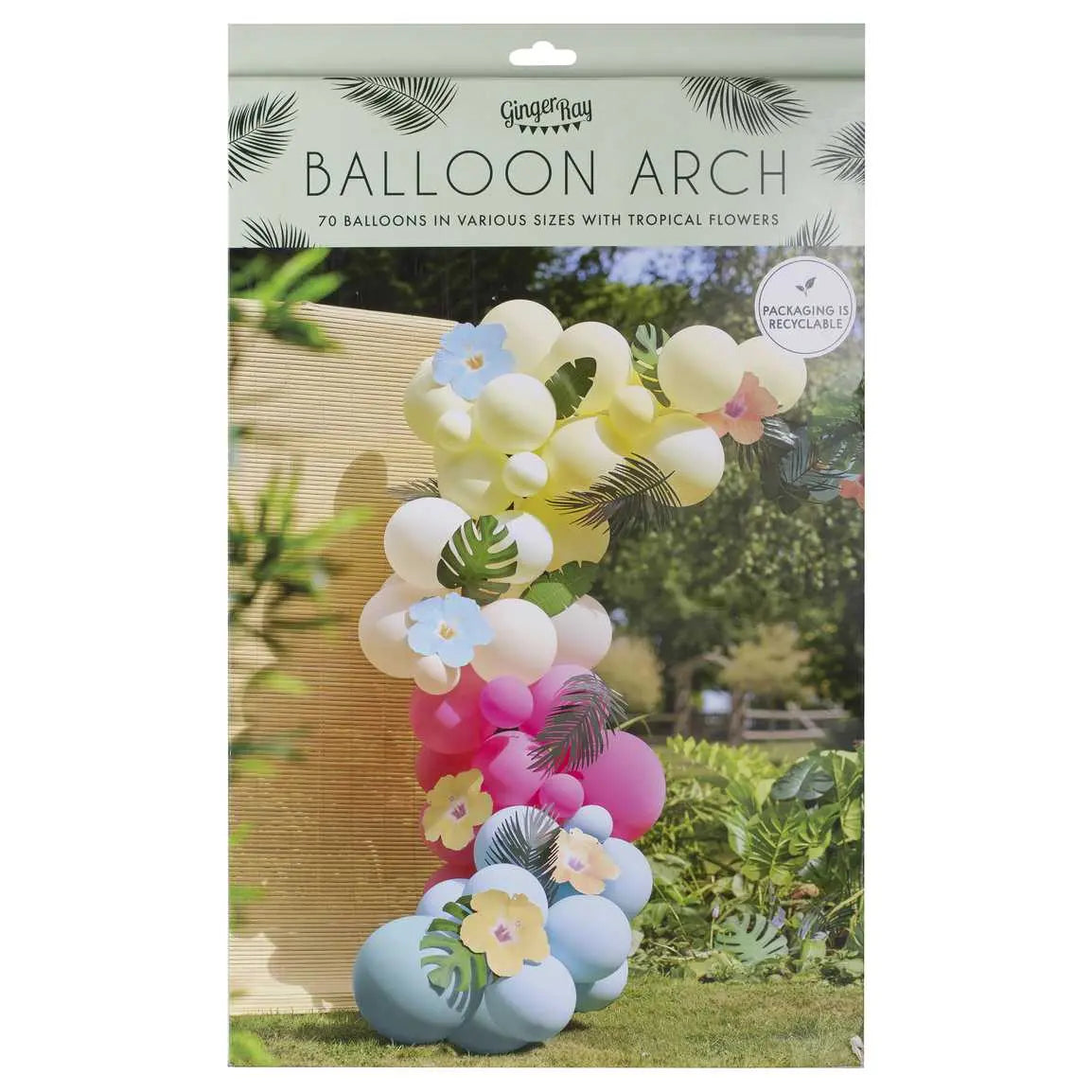Blue, Pink, Green & Yellow Hawaiian Tiki Balloon Arch with Tropical Flowers and Foliage Ginger Ray