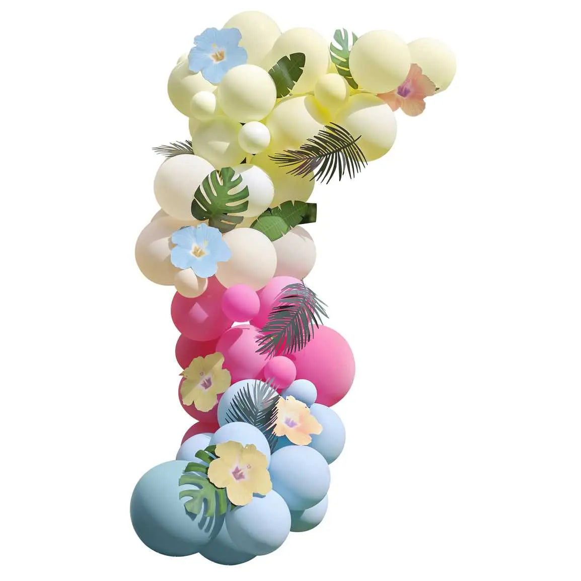 Blue, Pink, Green & Yellow Hawaiian Tiki Balloon Arch with Tropical Flowers and Foliage Ginger Ray
