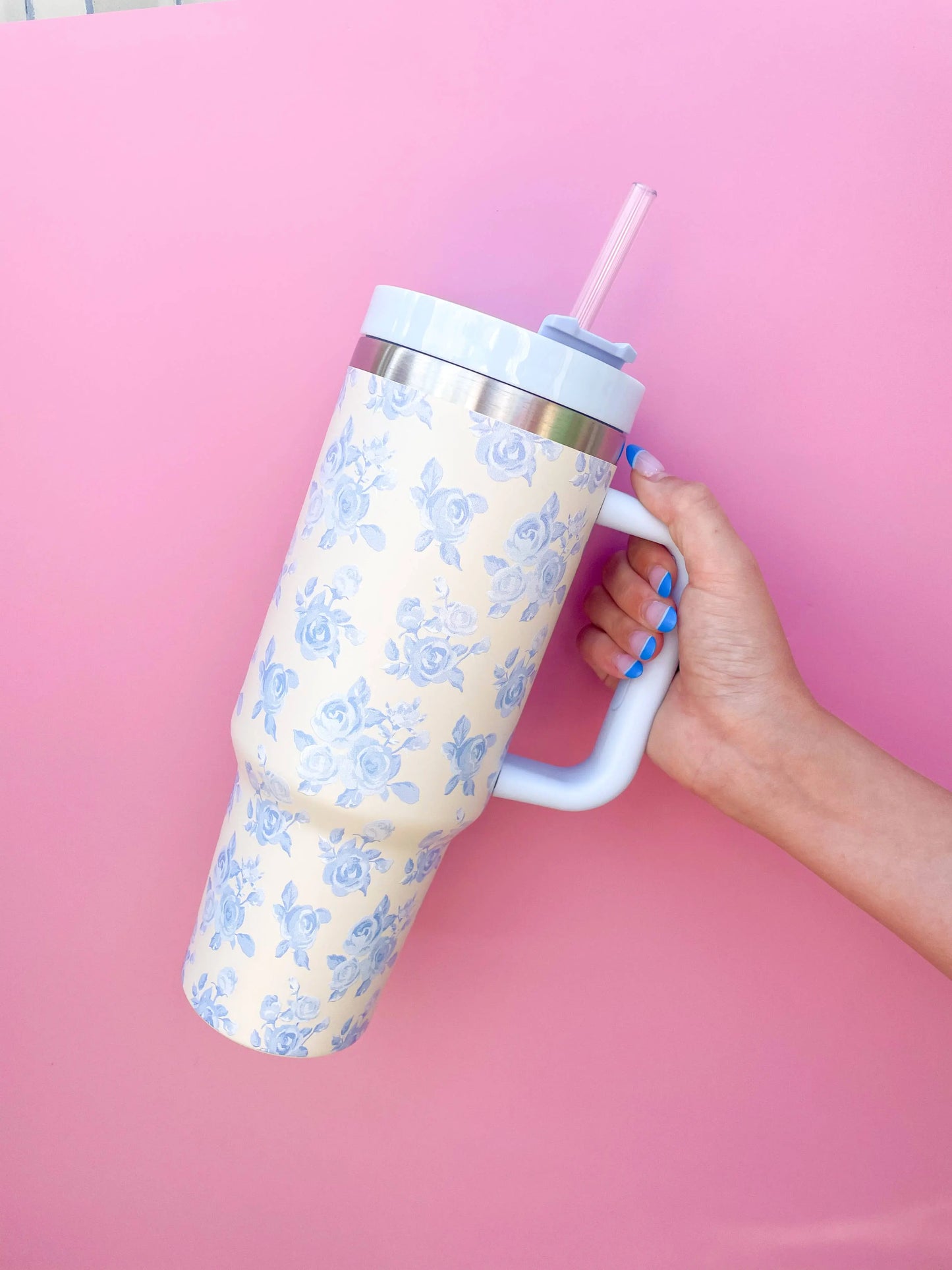 Cream & Blue Floral 40oz Tumbler Rock Paper Scissors