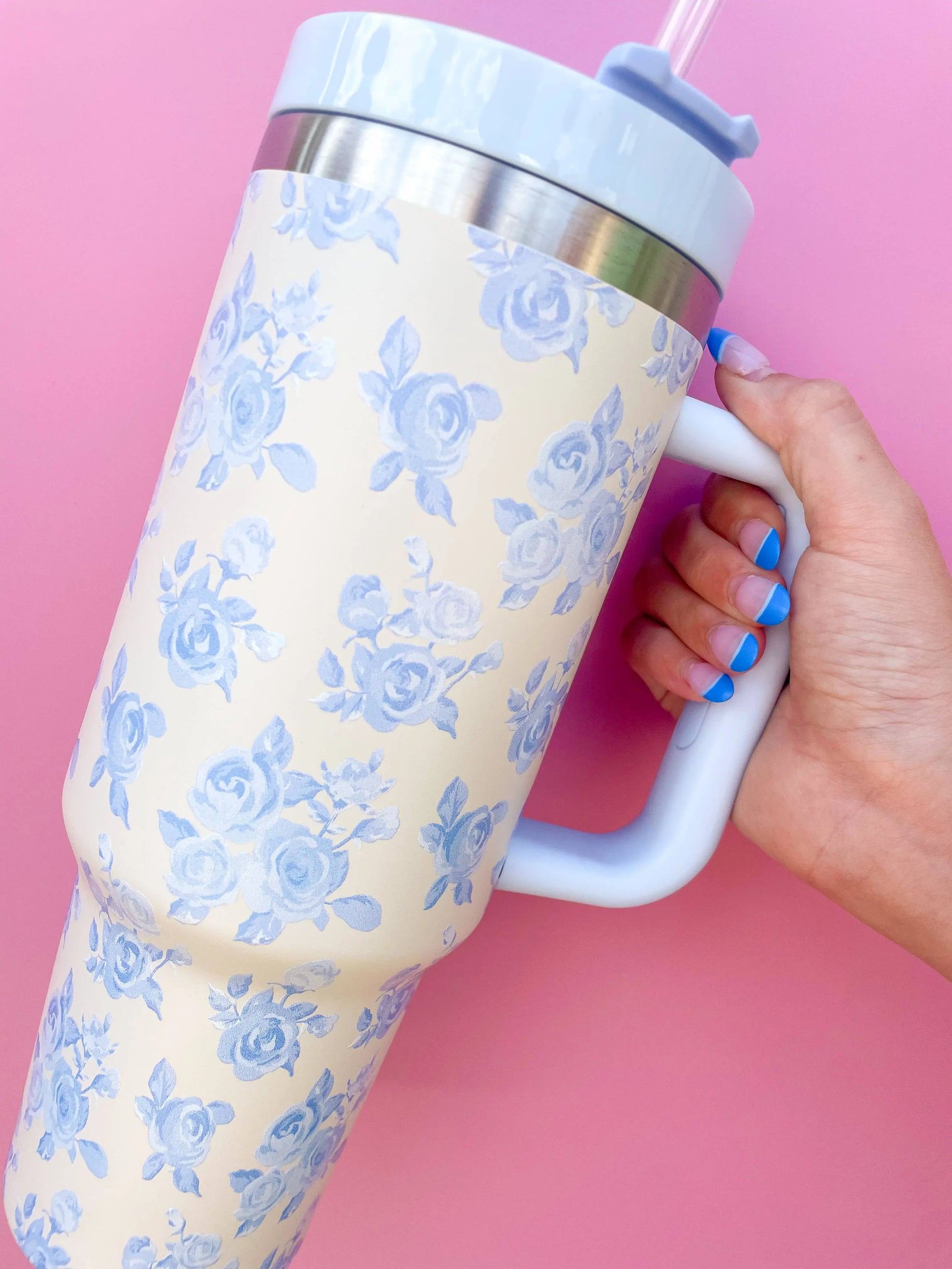 Cream & Blue Floral 40oz Tumbler Rock Paper Scissors