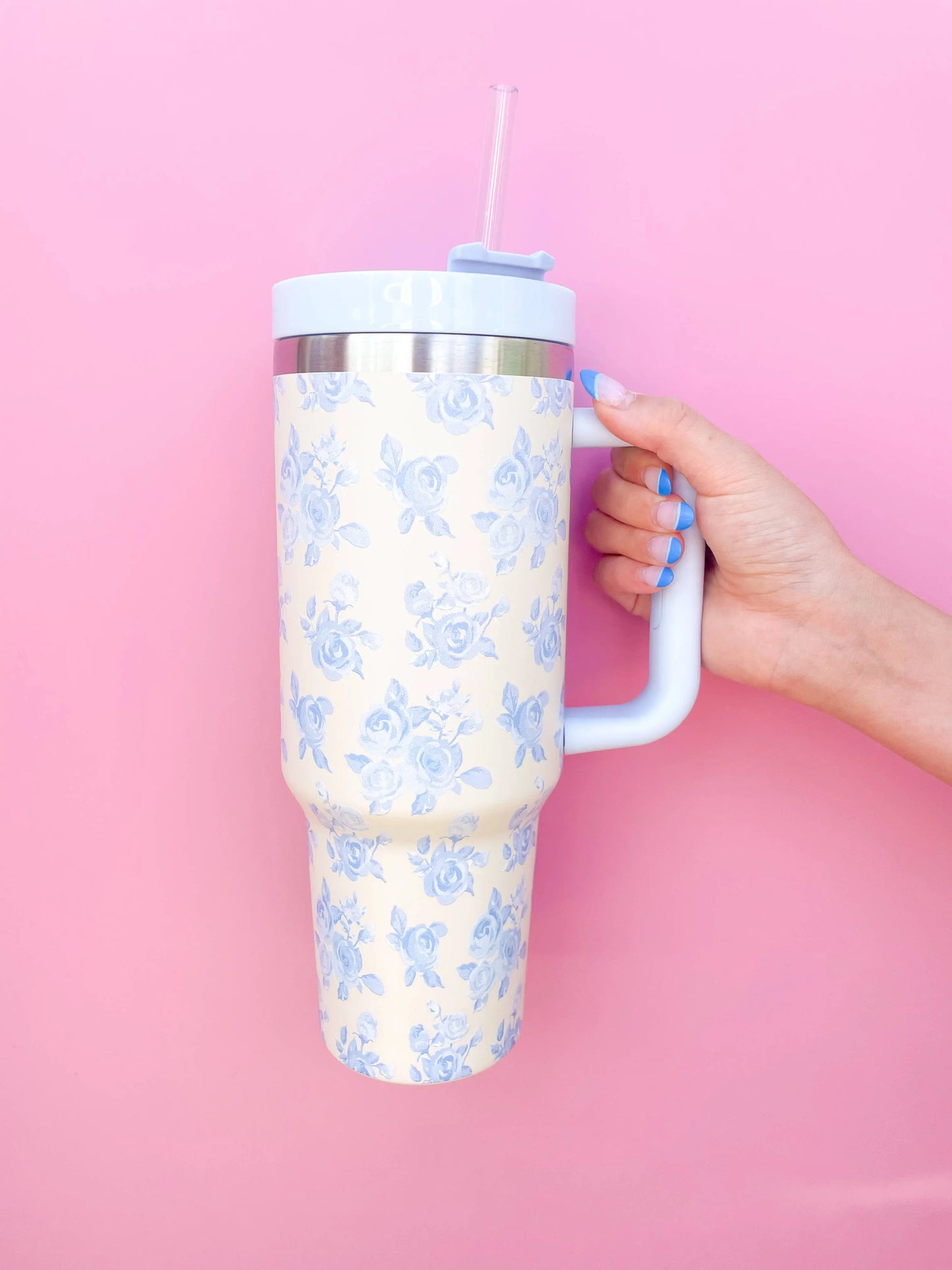 Cream & Blue Floral 40oz Tumbler Rock Paper Scissors