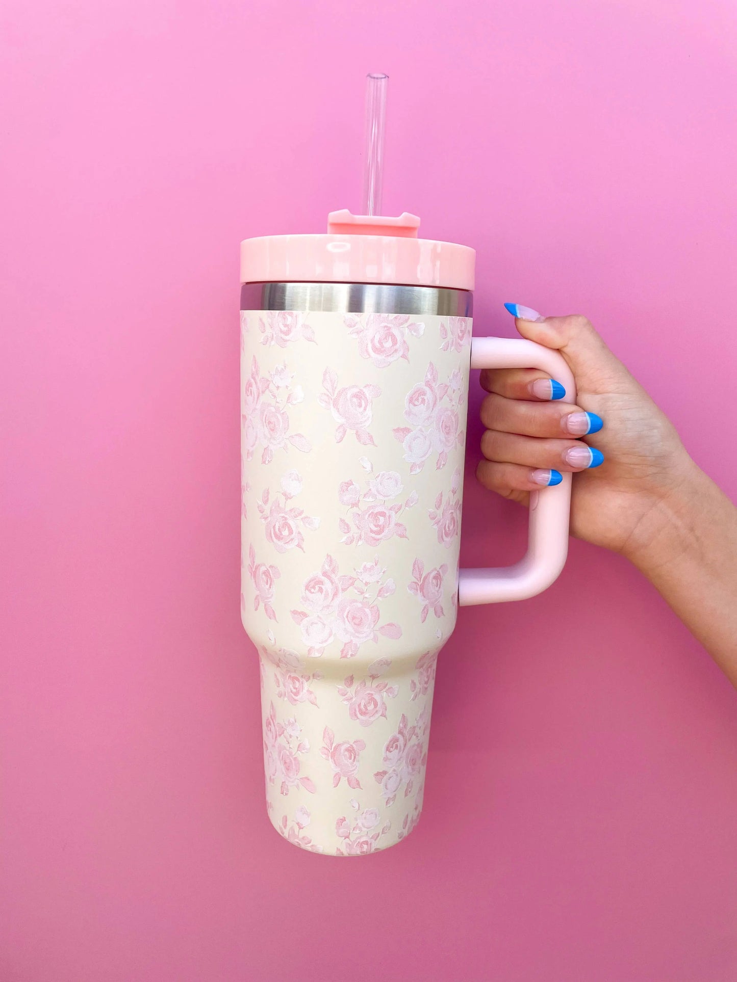 Cream & Pink Floral 40oz Tumbler Rock Paper Scissors