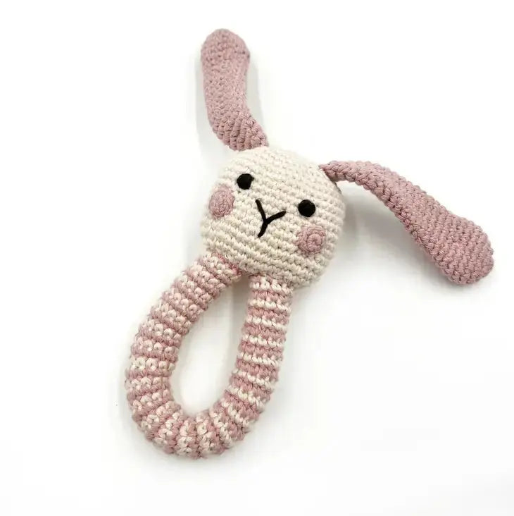Crochet Toy Handmade Fairtrade Bunny Ring Rattle Dusky Pink Pebblechild