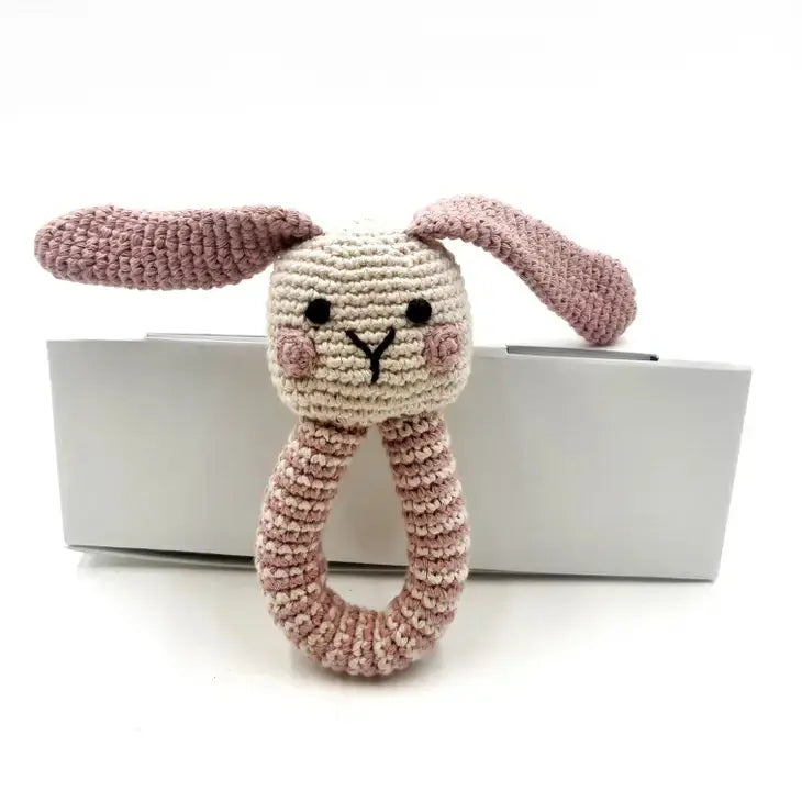 Crochet Toy Handmade Fairtrade Bunny Ring Rattle Dusky Pink Pebblechild