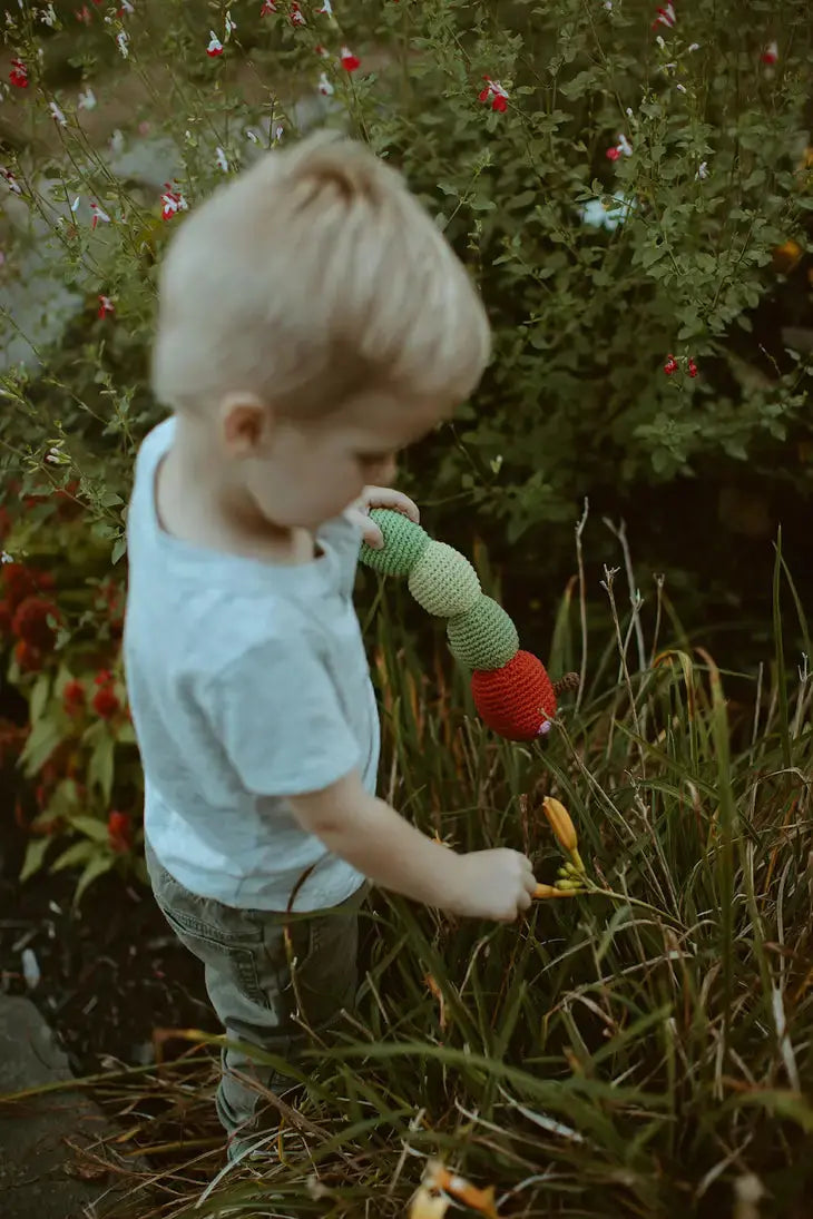 Crochet Toy Handmade Fairtrade Caterpillar Rattle-Green Pebblechild