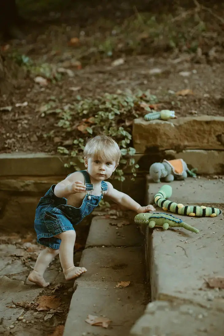 Crochet Toy Handmade Fairtrade Crocodile Rattle Deep Green Pebblechild