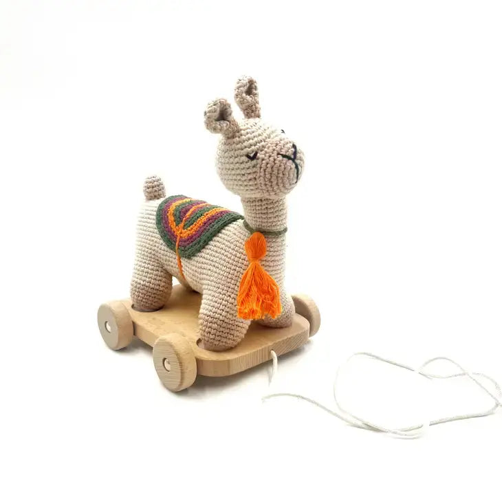 Crochet Toy Handmade Fairtrade Pull Along Toy Llamas Natural Pebblechild