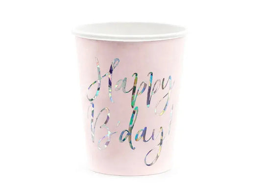 Cups Happy B'day!, light powder pink, 220ml Partydeco