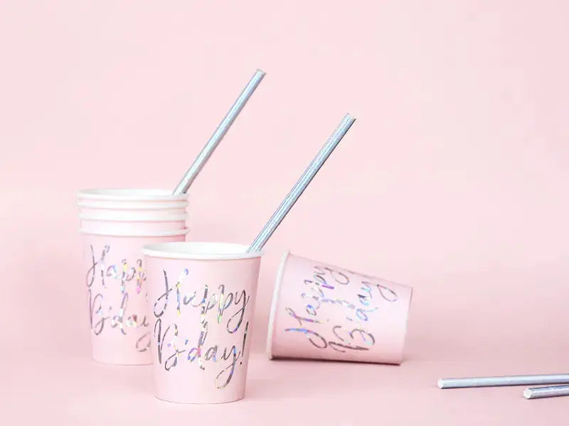 Cups Happy B'day!, light powder pink, 220ml Partydeco