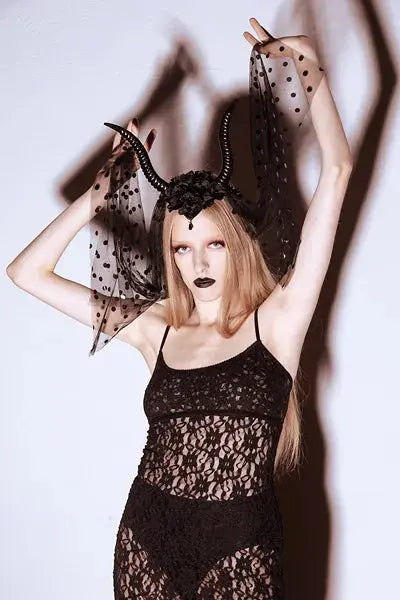 Devil Horns Headband with Tulle, 30x76 cm, Black Cotillons D Alsace