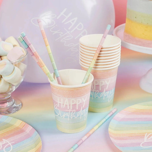 Eco Rainbow 'Happy Birthday' Paper Cups 8 Pack Hootyballoo by Club Green